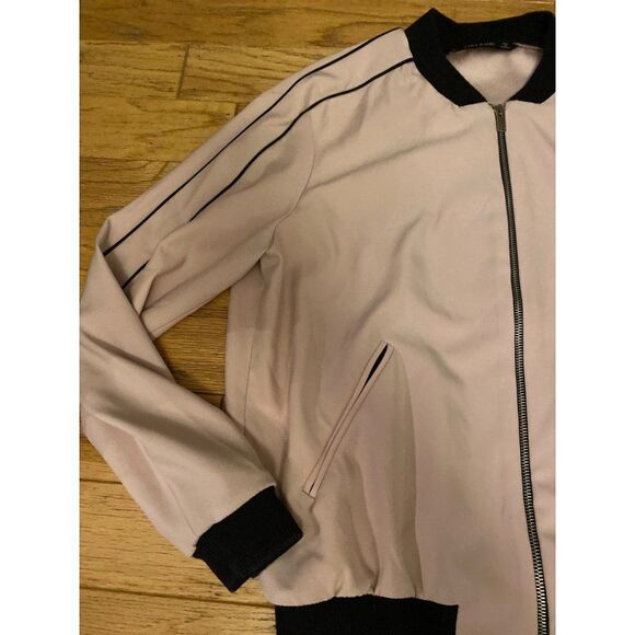 Zara, women’s black/beige zip up long sleeve cotton jacket with pockets sz small - Picture 2 of 9